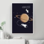 Artistic poster featuring an astronaut and a rocket exploring Saturn with rings, stars, and space background.