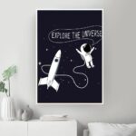 Inspirational space-themed wall art featuring a rocket and astronaut with the phrase "Explore the Universe" in a modern, minimalist style. Perfect for science and educational decor.