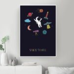 A colorful space-themed poster featuring an astronaut, planets, rockets, and stars, perfect for children's rooms or educational spaces to inspire curiosity about space exploration.