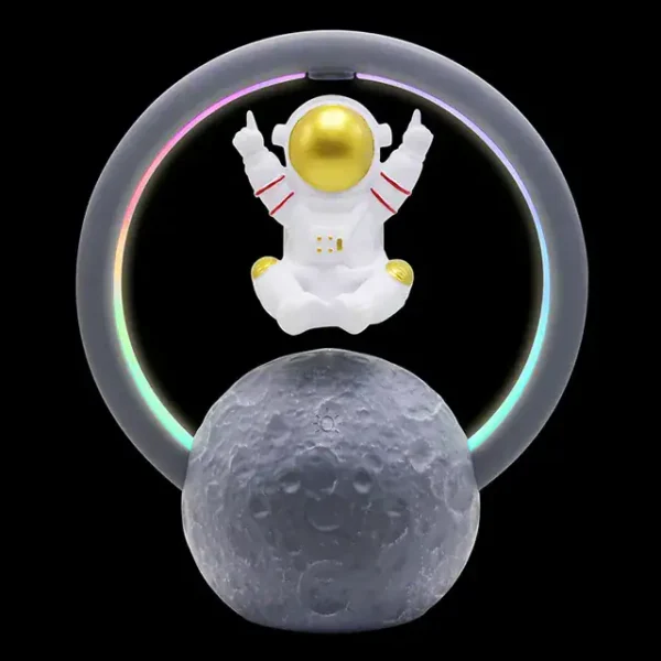 LED astronaut figure floating above a textured moon model with a colorful illuminated ring background.