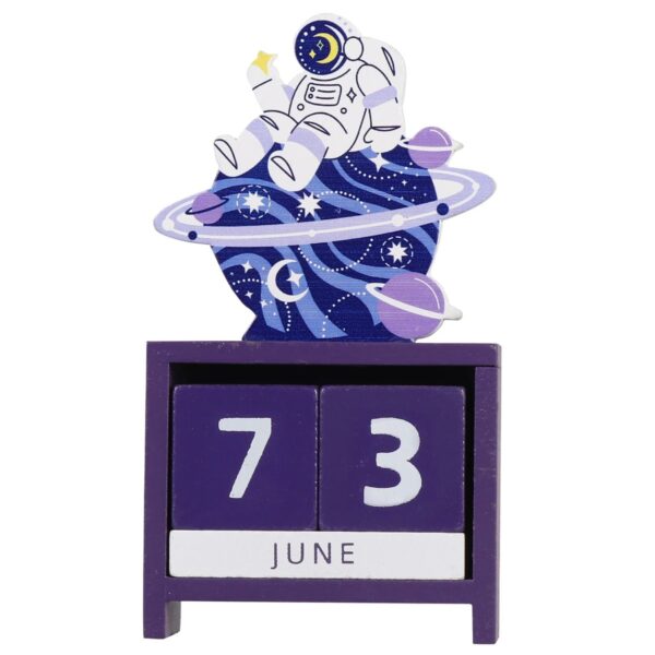 Space-themed astronaut desk calendar featuring a whimsical astronaut figure sitting on a celestial globe with planets and stars, perfect for science enthusiasts and educational decor.