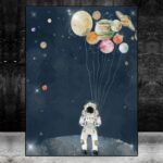 Astronaut holding balloons shaped like planets and moons against a starry space background.