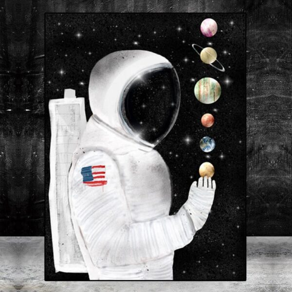 Artistic depiction of an astronaut in space holding planets, including Saturn and Earth, against a starry background. Perfect for science decor and educational toys.