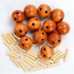 Set of wooden beads with holes and matching rods, ideal for educational science and craft activities for children.