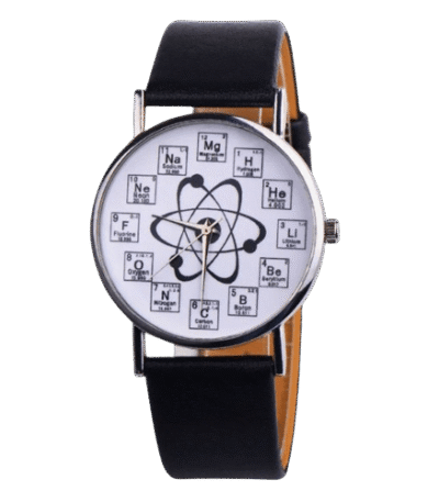 Stylish wristwatch featuring a unique atomic model and periodic table elements on the dial, perfect for science enthusiasts and educators.