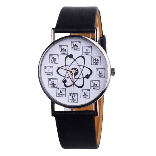 Stylish wristwatch featuring a unique atomic model and periodic table elements on the dial, perfect for science enthusiasts and educators.