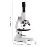 White laboratory microscope with adjustable eyepieces and stage, ideal for science education and decor, measuring 285mm tall, 160mm wide, and 110mm deep.
