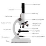High-quality laboratory microscope with labeled parts including objective lens, stage, and focusing spiral for educational and scientific use.