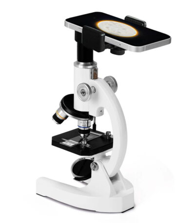 Modern microscope equipped with a smartphone adapter, ideal for educational science experiments and detailed specimen observation.