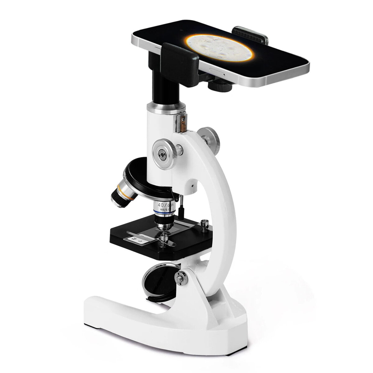 Microscope with Smartphone Adapter for Science Education Modern microscope equipped with a smartphone adapter, ideal for educational science experiments and detailed specimen observation.