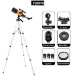 Telescope with phone holder, 45° mirror, remote control, moon filter, eyepieces, and bard membrane for stargazing and educational science experiments.