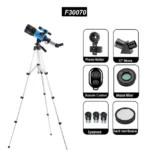 Telescope kit with phone holder, mirror, remote control, moon filter, eyepieces, and bard membrane for stargazing and educational astronomy activities.