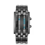 Sleek digital LED watch with a black metal band and futuristic display, perfect for tech enthusiasts and modern fashion.