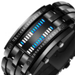 Close-up of a futuristic digital binary watch with LED indicators displaying time in binary code, showcasing innovative timekeeping technology.