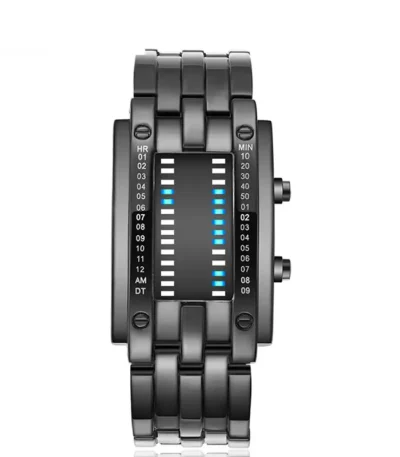 Sleek digital LED watch with a black metal band and futuristic display, perfect for tech enthusiasts and modern fashion.