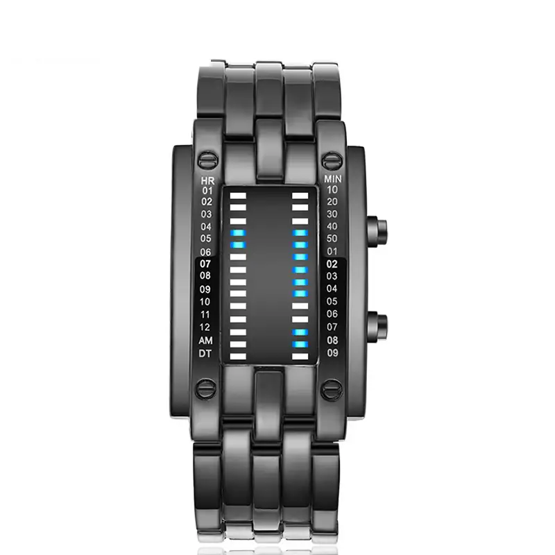 Sleek digital LED watch with a black metal band and futuristic display, perfect for tech enthusiasts and modern fashion.