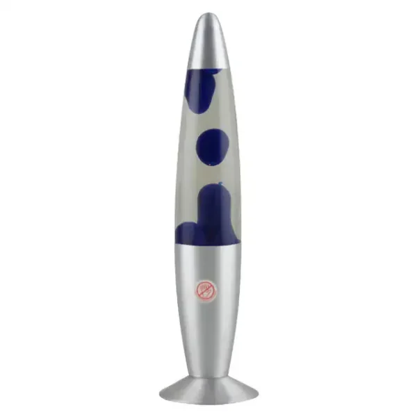 Modern lava lamp featuring a sleek silver base and a transparent glass body with blue dots, ideal for science decor and educational spaces.