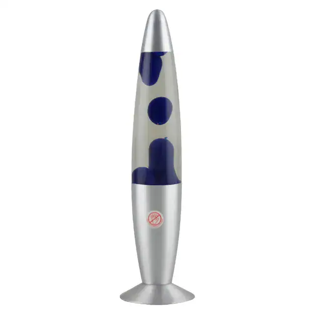 Modern lava lamp featuring a sleek silver base and a transparent glass body with blue dots, ideal for science decor and educational spaces.