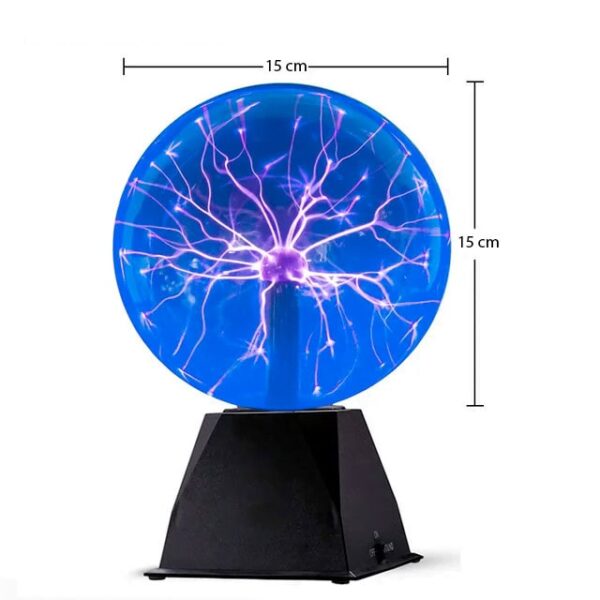 Electric plasma ball with lightning-like filaments inside a glass sphere on a black base, demonstrating electrical discharges and plasma phenomena.