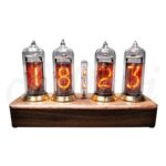 Vintage Nixie tube clock displaying the numbers 1, 8, 1, 2, 3 on glass tubes with a wooden base, showcasing retro electronic design.