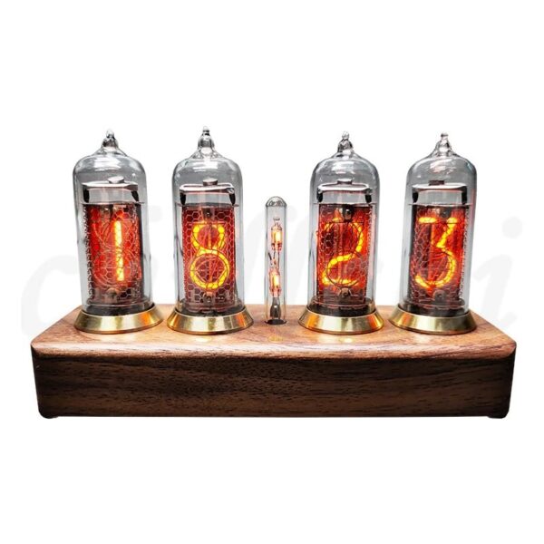 Vintage Nixie tube clock displaying the numbers 1, 8, 1, 2, 3 on glass tubes with a wooden base, showcasing retro electronic design.