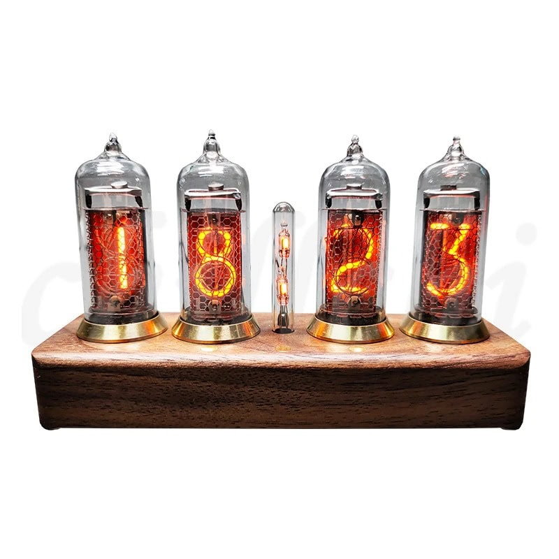 Nixie Tube Number Clock Vintage Nixie tube clock displaying the numbers 1, 8, 1, 2, 3 on glass tubes with a wooden base, showcasing retro electronic design.