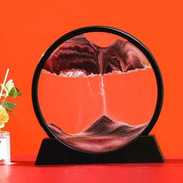 A mesmerizing magnetic water fountain with colorful mineral particles flowing in a circular glass frame, creating a captivating visual effect.