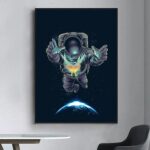 Vibrant astronaut space art poster featuring an astronaut floating above Earth with a cosmic background, perfect for science decor and educational spaces.