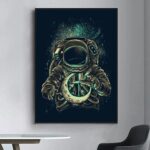 Illustration of an astronaut holding a crescent moon with stars in the background, showcasing space exploration and celestial themes.