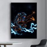 Illustration of an astronaut in a high-tech suit floating in space, surrounded by electric energy and stars, demonstrating advanced space exploration technology.