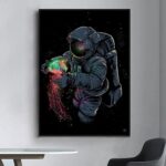 Astronaut holding colorful cosmic energy in space-themed artwork.