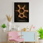 Neon sign of a caffeine molecule on a black brick wall, perfect for coffee lovers and modern decor. Bright, eye-catching design ideal for cafes, kitchens, or study rooms.