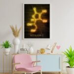 Neon sign displaying the molecular structure of Vitamin C mounted on a brick wall.