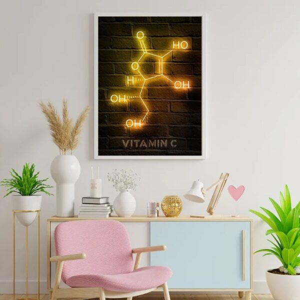 Neon sign displaying the molecular structure of Vitamin C mounted on a brick wall.
