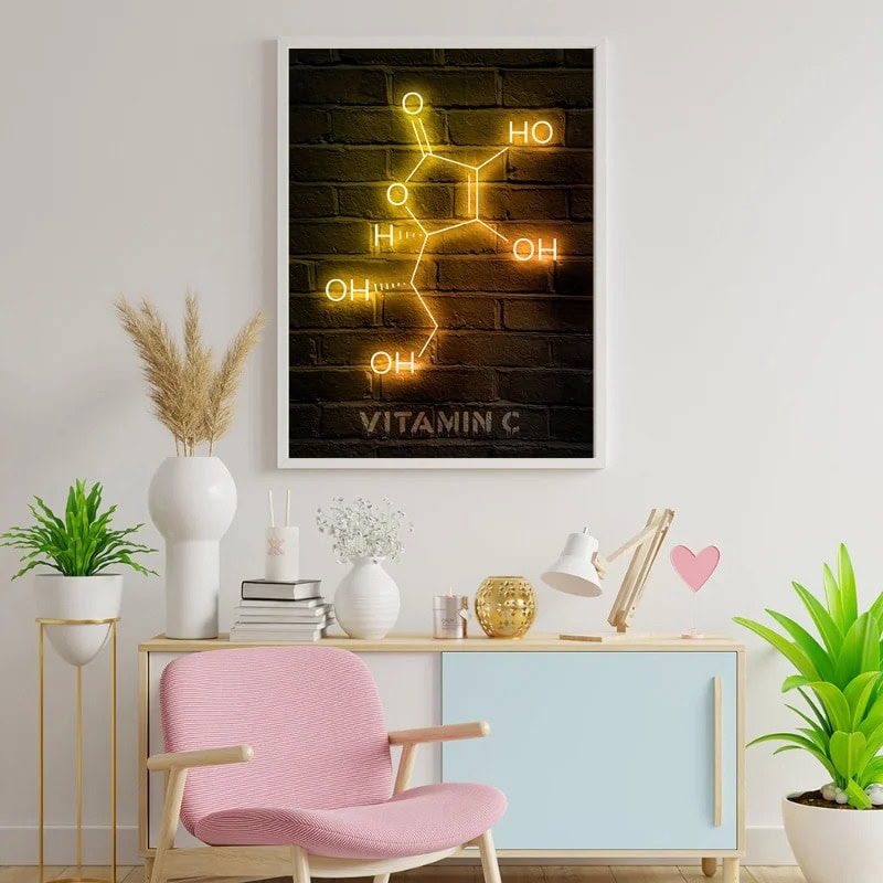 Vitamin C Molecular Structure Neon Sign Neon sign displaying the molecular structure of Vitamin C mounted on a brick wall.