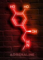 Neon sign of a caffeine molecule structure illuminated on a brick wall, showcasing chemical bonds and functional groups like hydroxyl and amine, ideal for science decor and educational displays.