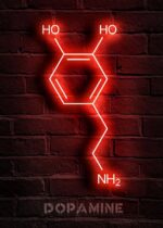 Neon sign of dopamine molecule with chemical structure and labels HO and NH2 on a brick wall background. Perfect for science decor and educational displays.