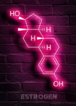 Neon sign displaying the chemical structure of estrogen hormone illuminated in pink against a brick wall background.
