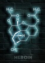 Artistic wall decor featuring the chemical structure of heroin illuminated against a dark brick wall, perfect for science enthusiasts and educational spaces.