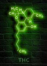 Neon green illuminated THC molecular structure displayed on a brick wall, highlighting the chemical composition of tetrahydrocannabinol.
