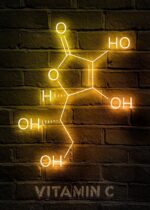 Neon sign illustration of the Vitamin C chemical structure glowing against a brick wall. Perfect for science decor, educational displays, or science-themed room decorations.