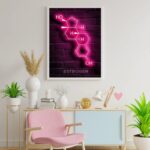 Neon sign of the estrogen molecule glowing pink on a brick wall.