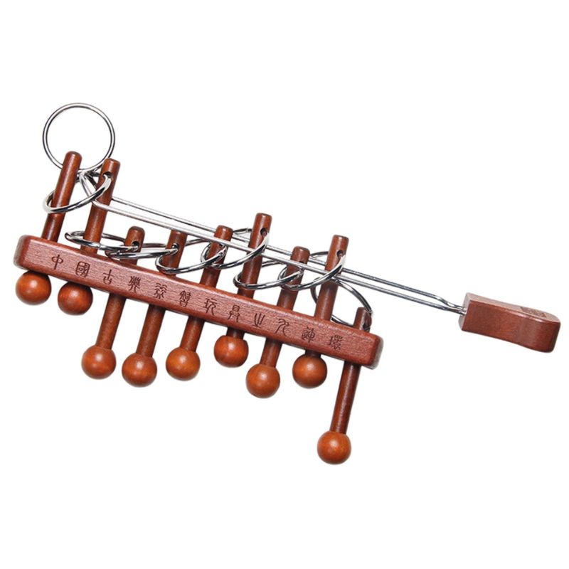 Ancient Chinese puzzle toy made of wood and metal, featuring interconnected pieces and a keyring for easy handling. A classic educational toy that promotes problem-solving skills and fine motor coordi.