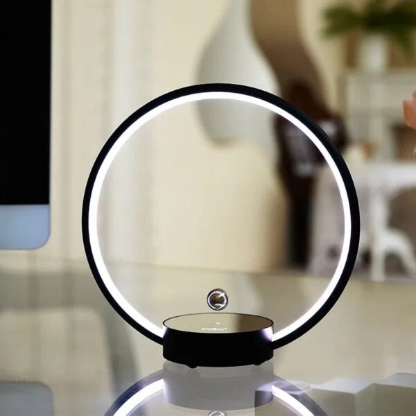 Modern magnetic levitation globe lamp with LED lighting, floating in mid-air above a sleek base, creating a futuristic and stylish decor piece.