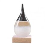 Glass flask with bubbling liquid on wooden base, science experiment display.