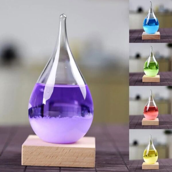 Glass dropper-shaped vase filled with vibrant purple liquid, placed on a wooden base, ideal for science decor and educational displays.