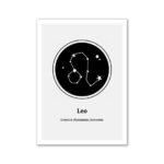 Artistic depiction of the Leo constellation with star patterns on a black background, perfect for science decor and educational purposes.