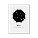 Artistic Pisces constellation zodiac card featuring a black background with white star patterns and lines connecting the stars, representing the Pisces zodiac sign.