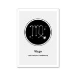 Illustration of the Virgo constellation zodiac sign with stars and lines connecting them, on a black circular background with a white border.