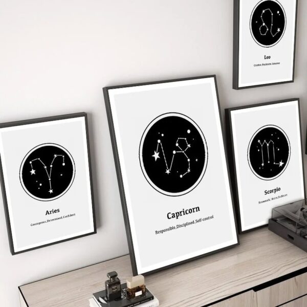Set of four framed star constellation prints featuring Aries, Taurus, Leo, and Scorpio, perfect for science decor and educational spaces.